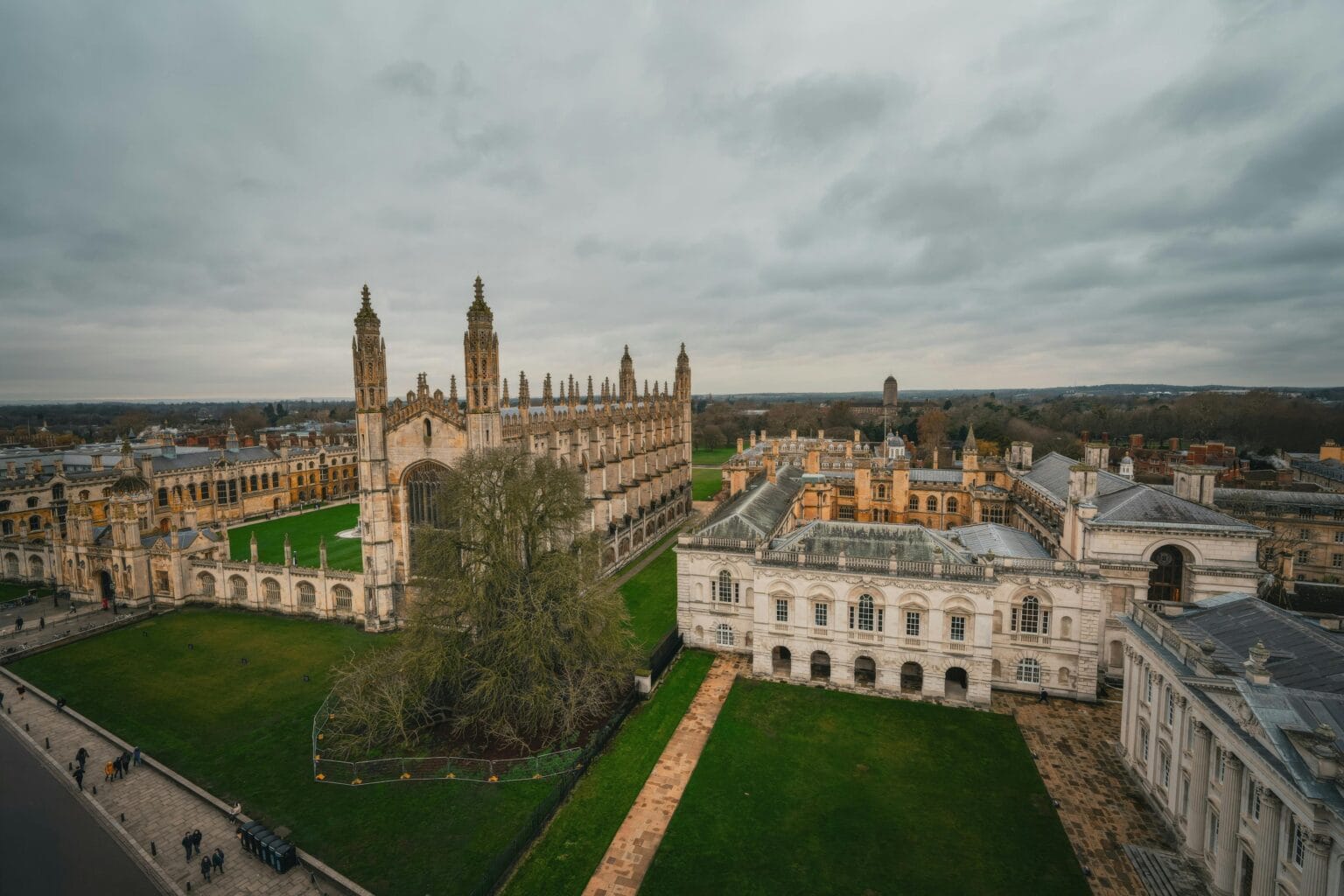 Stunning aerial shot of King's College Chapel, Cambridge, on a cloudy day.